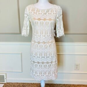 DressBarn NWT Dress 10 Tan White Lace Knee Length Family Pictures Rehearsal